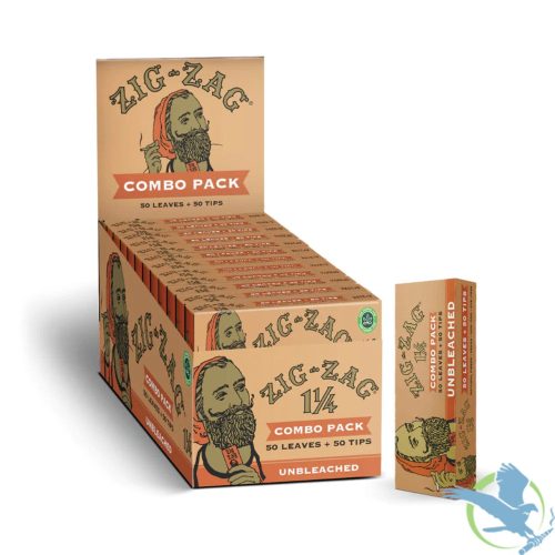 Unbleached (Booklet of 50 Leaves + 50 Tips) Zig-Zag Slow Burning Rolling Papers & Tips Combo Pack - 1 1/4 Size